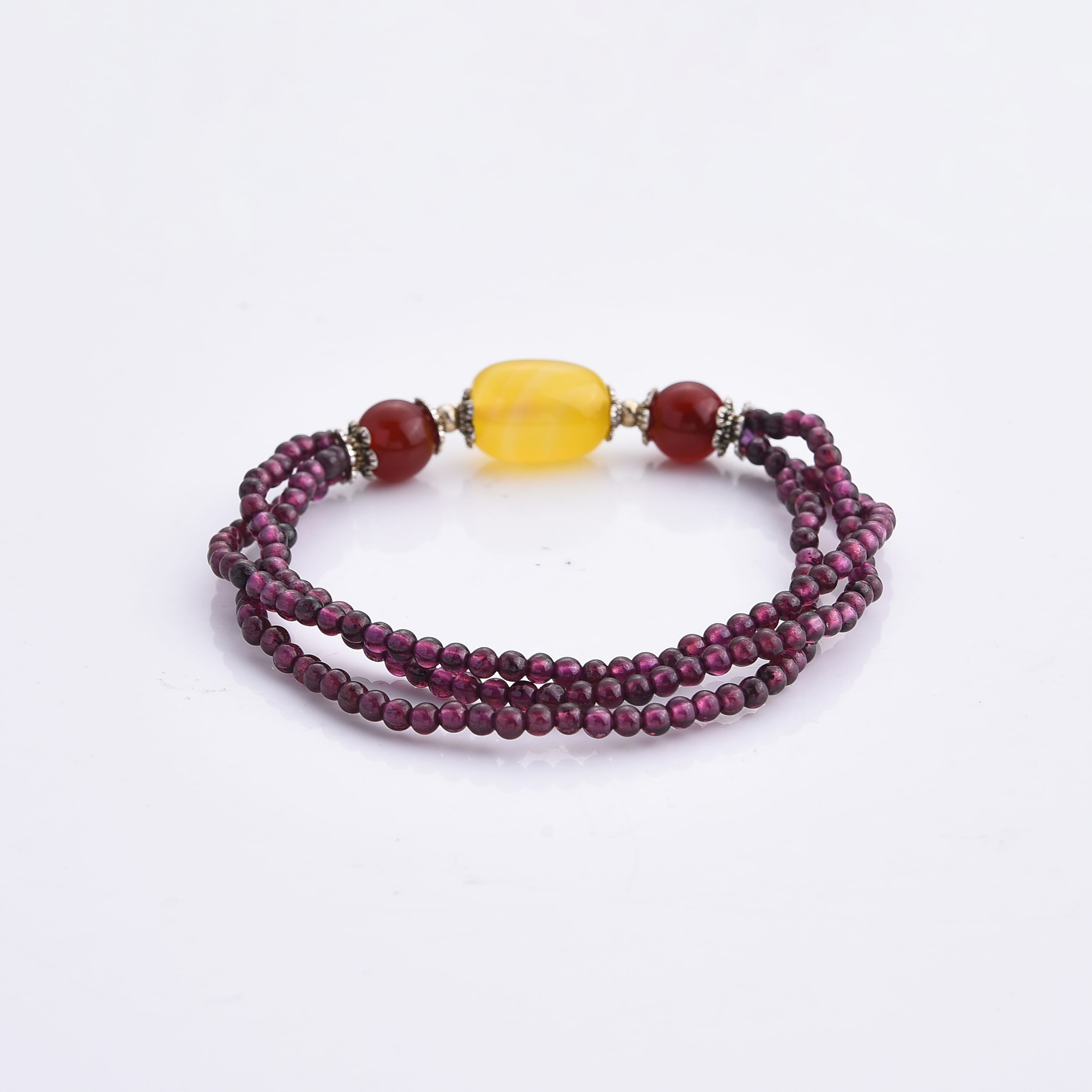 Agate and Red Garnet 40.00 ctw Beaded Cotton Cord Bracelet in Silvertone (Adjustable)