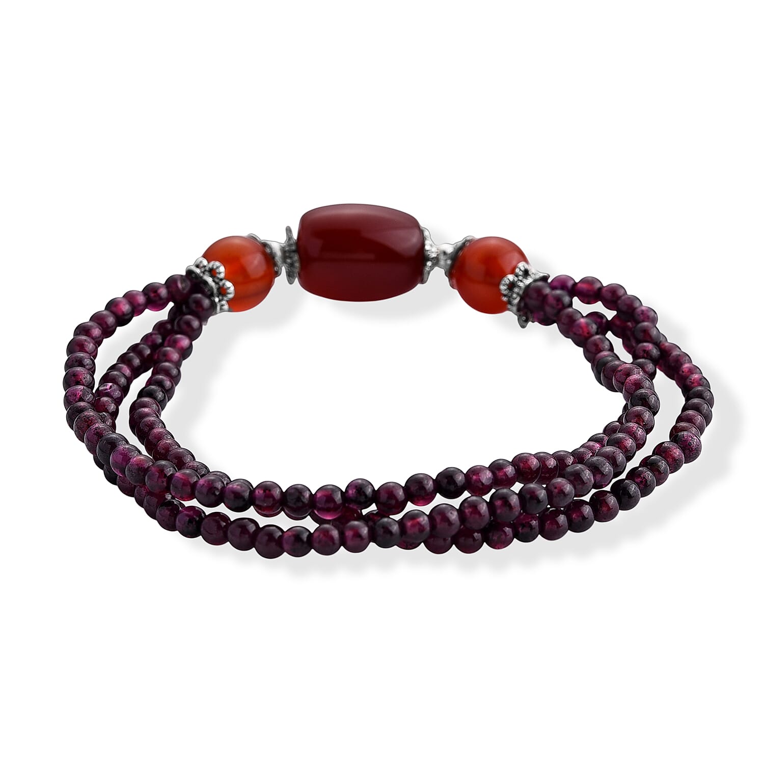 Agate and Red Garnet 40.00 ctw Beaded Cotton Cord Bracelet in Silvertone (Adjustable)