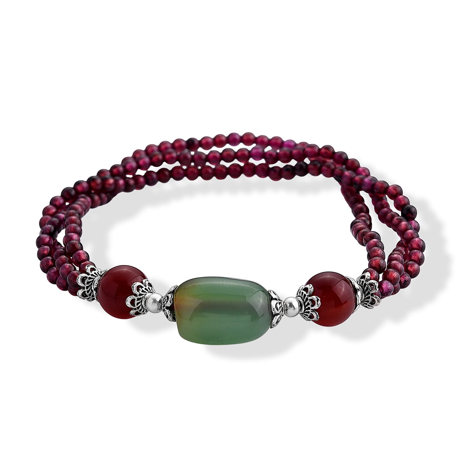 Agate and Red Garnet 40.00 ctw Beaded Cotton Cord Bracelet in Silvertone (Adjustable)