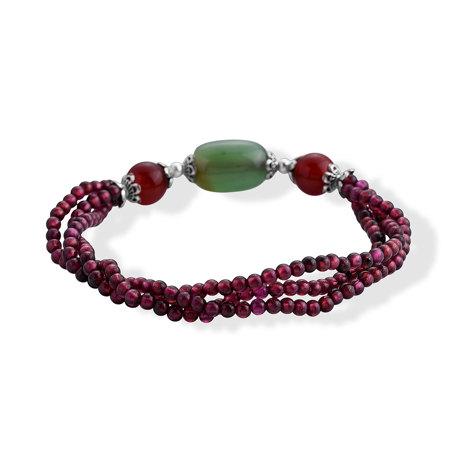 Agate and Red Garnet 40.00 ctw Beaded Cotton Cord Bracelet in Silvertone (Adjustable)