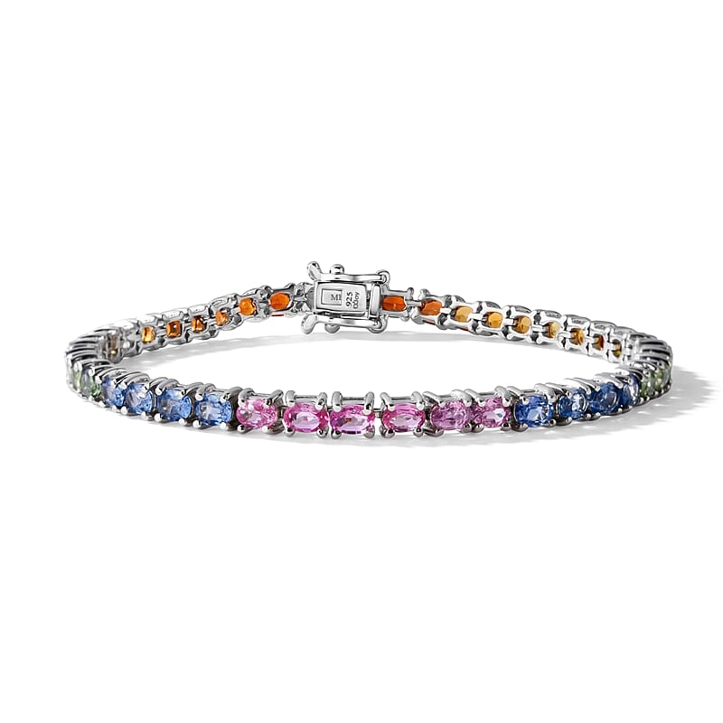 D'Joy Premium Rainbow Sapphire 8.75 ctw Rainbow Radiance Tennis Bracelet in Rhodium Over Sterling Silver (6.50 In)