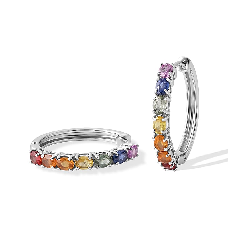 D'Joy Premium Rainbow Sapphire 3.20 ctw Rainbow Radiance Hoop Earrings in Rhodium Over Sterling Silver