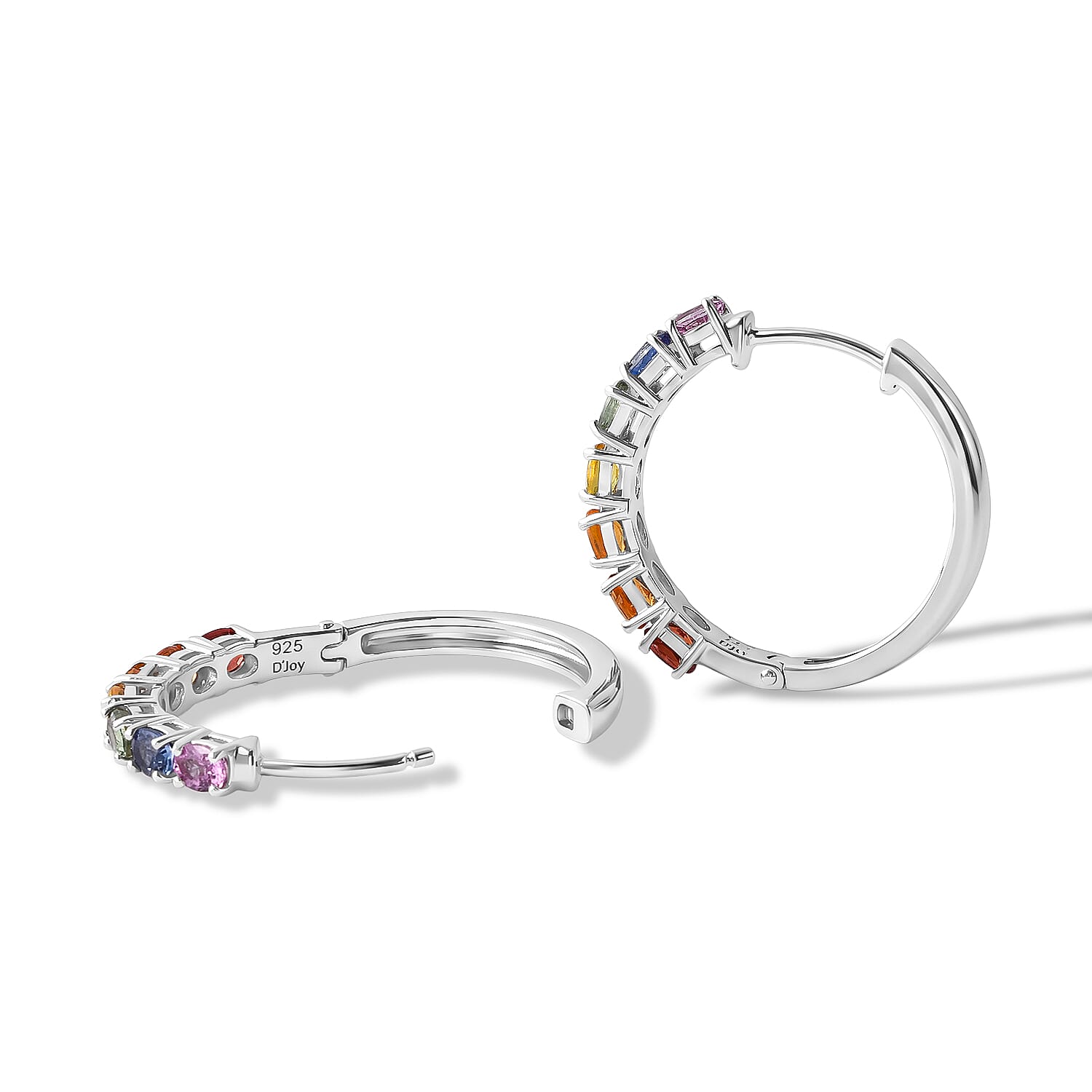D'Joy Premium Rainbow Sapphire 3.20 ctw Rainbow Radiance Hoop Earrings in Rhodium Over Sterling Silver