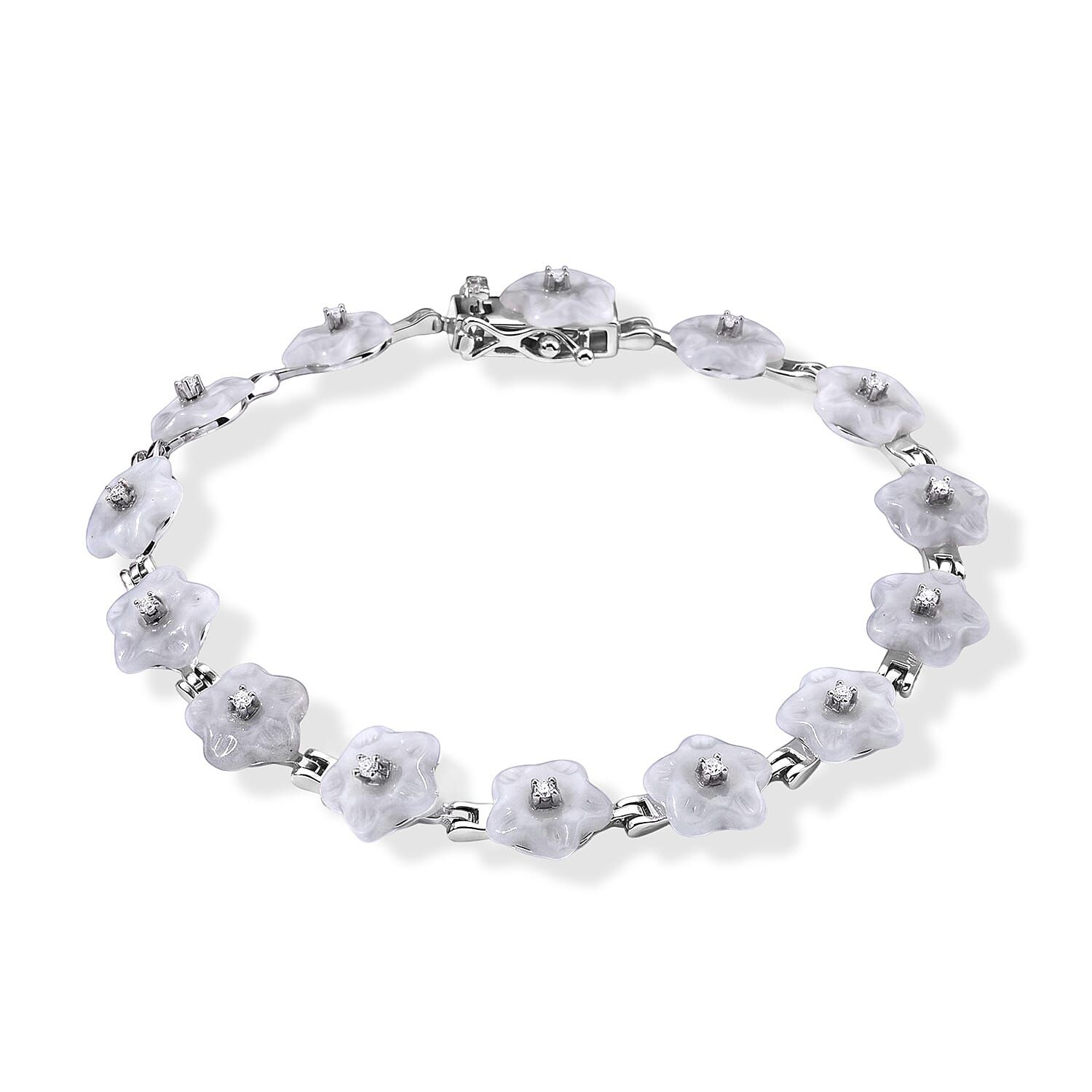 D'Joy Natural Jade and Moissanite 19.50 ctw Carved Flower Bracelet in Rhodium Over Sterling Silver (6.50 In)