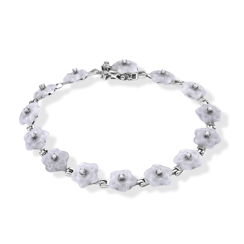 D'Joy Natural Jade and Moissanite 19.50 ctw Carved Flower Bracelet in Rhodium Over Sterling Silver (6.50 In)
