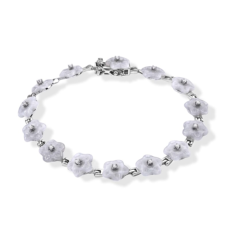 D'Joy Natural Jade and Moissanite 19.50 ctw Carved Flower Bracelet in Rhodium Over Sterling Silver (6.50 In)