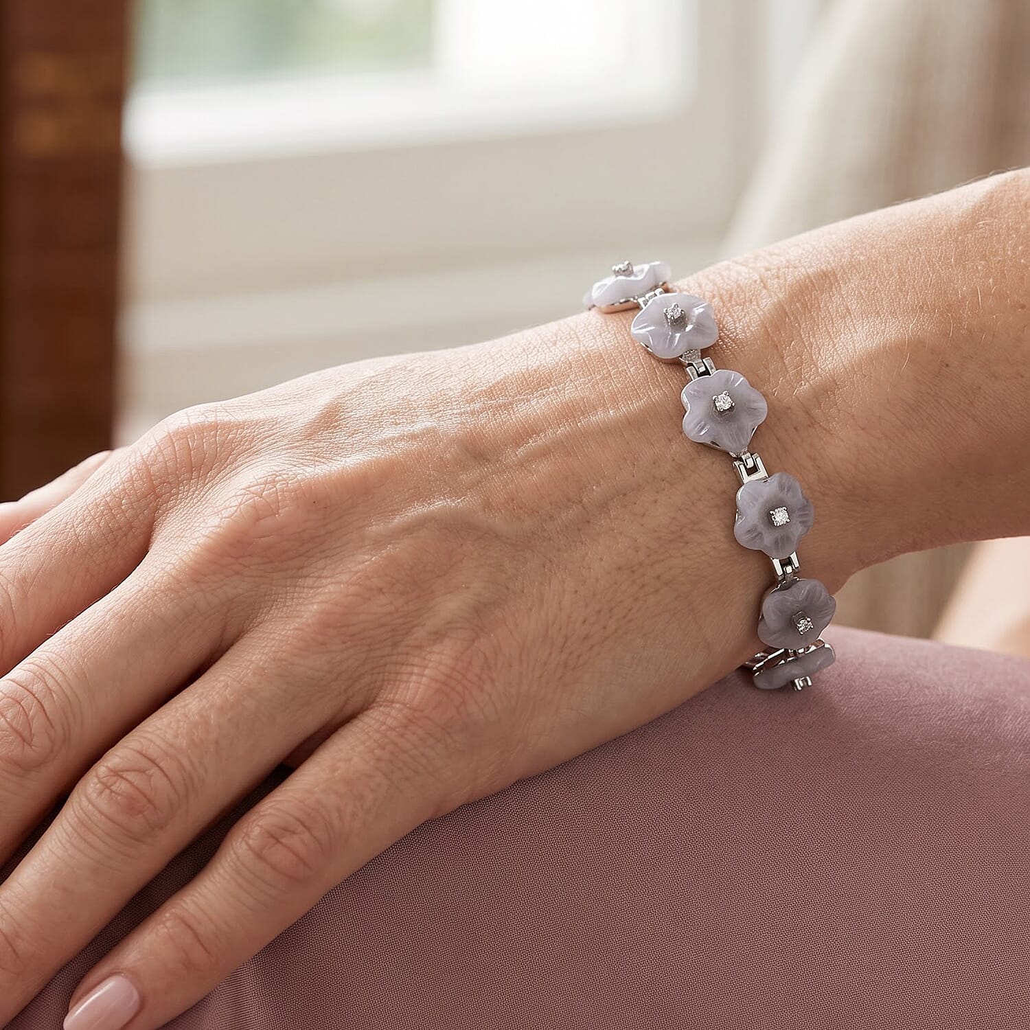D'Joy Natural Jade and Moissanite 19.50 ctw Carved Flower Bracelet in Rhodium Over Sterling Silver (6.50 In)