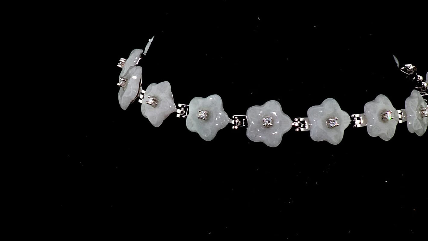 D''Joy Natural Jade and Moissanite 24.00 ctw Carved Flower Bracelet in Rhodium Over Sterling Silver (8.00 In)