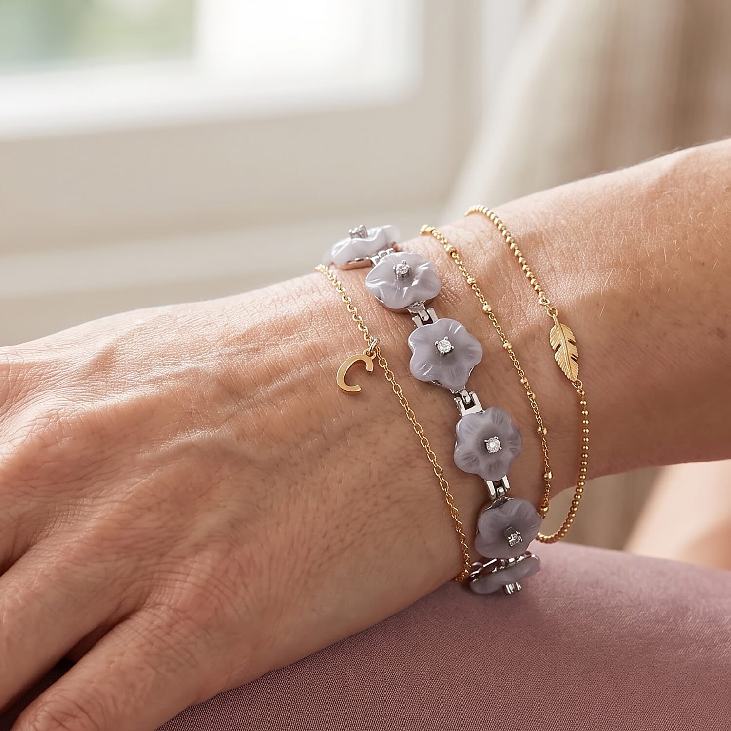 D'Joy Natural Jade and Moissanite 19.50 ctw Carved Flower Bracelet in Rhodium Over Sterling Silver (6.50 In)