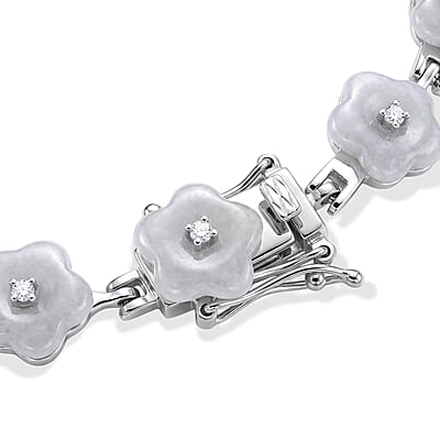 D'Joy Natural Jade and Moissanite 19.50 ctw Carved Flower Bracelet in Rhodium Over Sterling Silver (6.50 In)
