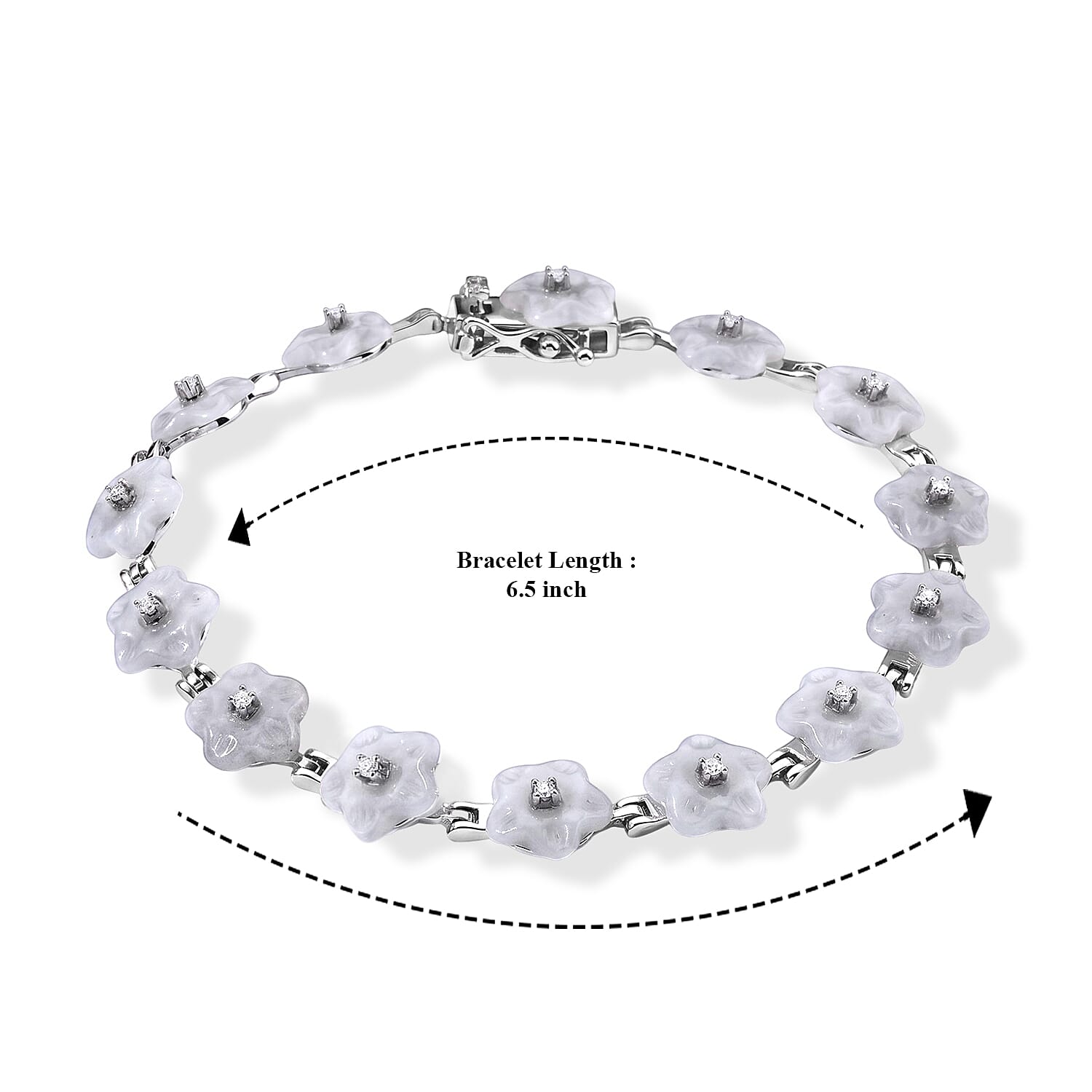 D'Joy Natural Jade and Moissanite 19.50 ctw Carved Flower Bracelet in Rhodium Over Sterling Silver (6.50 In)