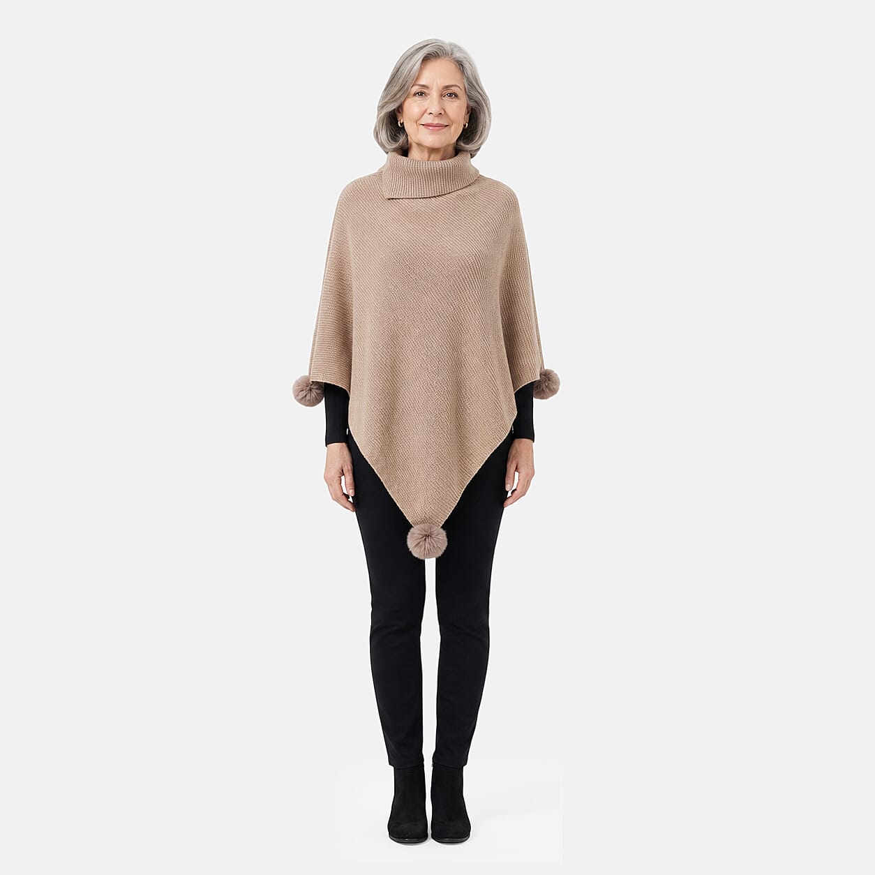 La Marey Khaki High Collar Pom-Pom Shawl