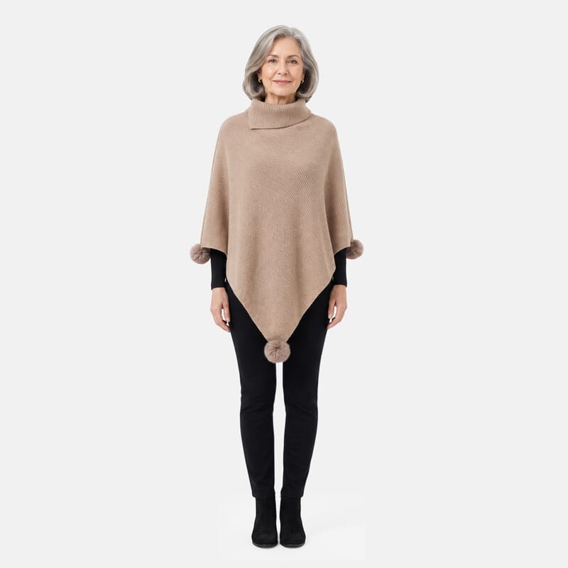 La Marey Khaki High Collar Pom-Pom Shawl