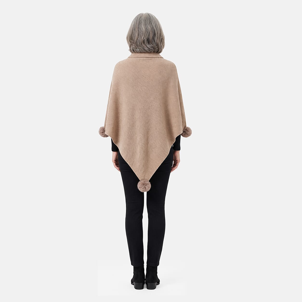 La Marey Khaki High Collar Pom-Pom Shawl