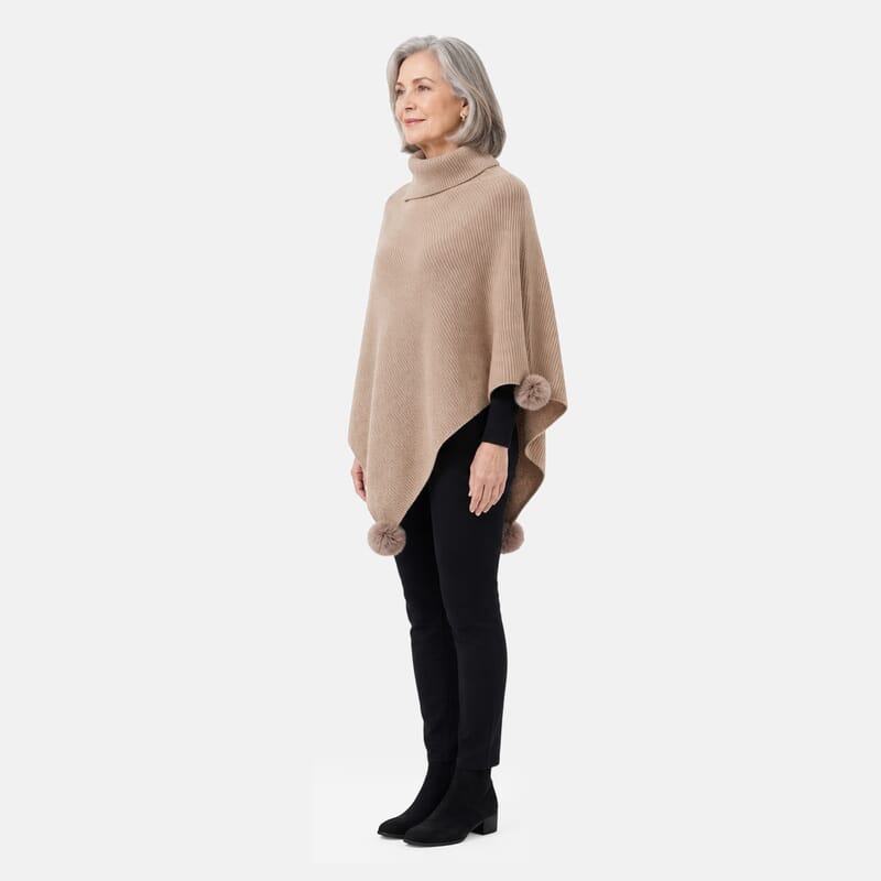 La Marey Khaki High Collar Pom-Pom Shawl