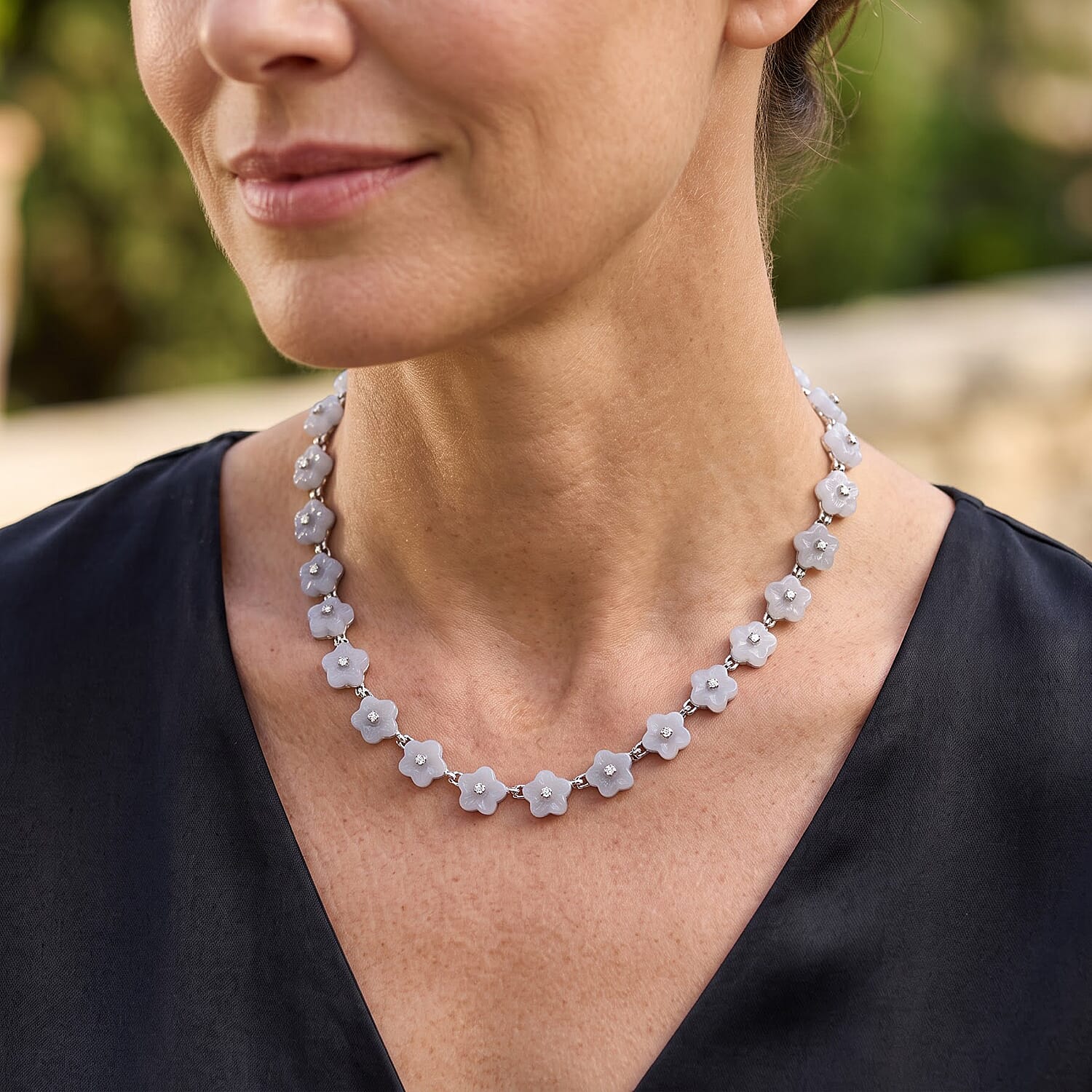 D'Joy White Jade (D) and Moissanite 54.00 ctw Necklace in Rhodium Over Sterling Silver 18 Inches