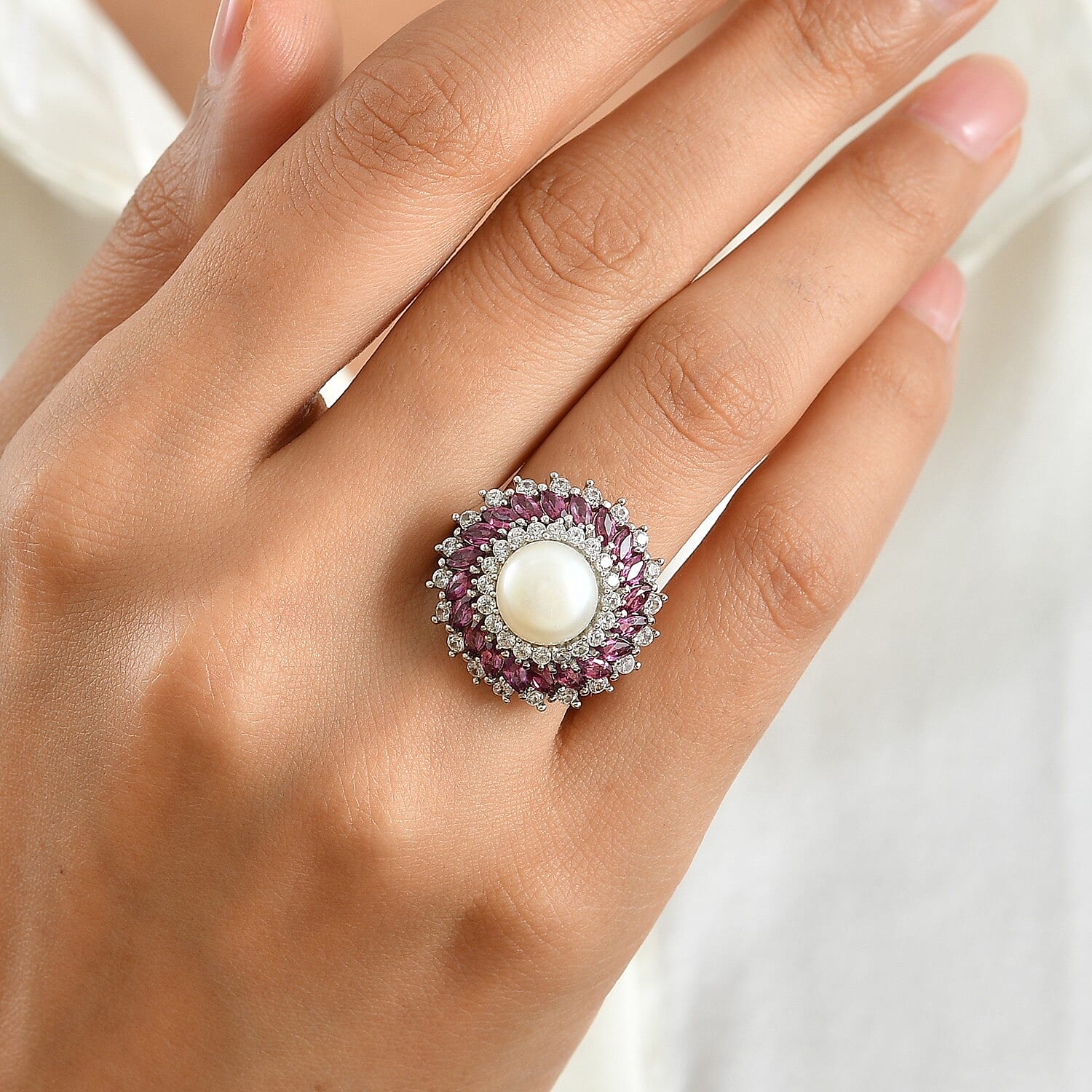 EverTrue Freshwater Pearl and Multi Gemstone 3.50 ctw Ring in Platinum Bond (Size 6.0)