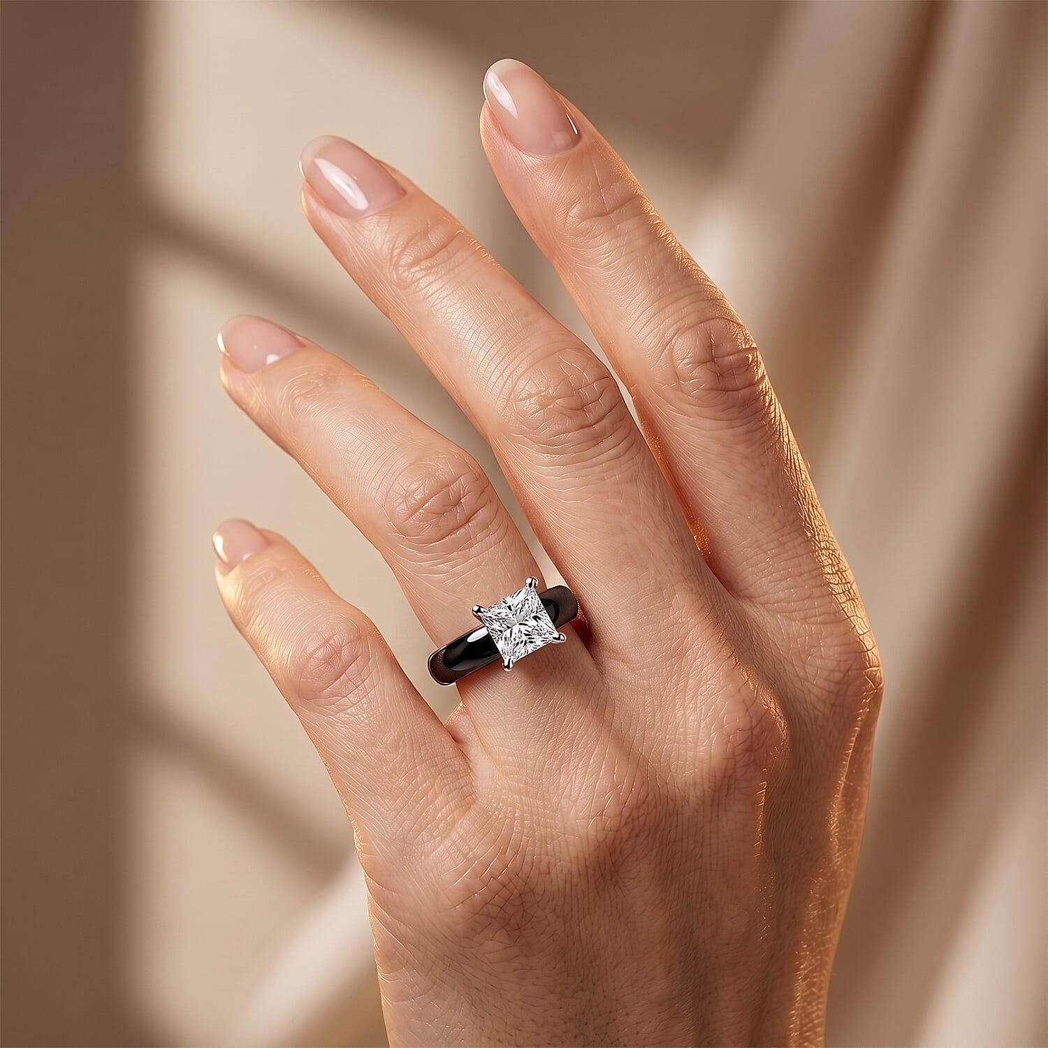 EverTrue Moissanite and Black Jade (D) 16.50 ctw Band Ring in Rhodium Over Sterling Silver (Size 5.0)