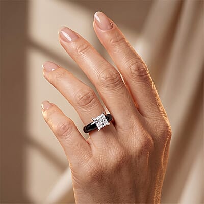 EverTrue Moissanite and Black Jade (D) 16.50 ctw Band Ring in Rhodium Over Sterling Silver (Size 5.0)