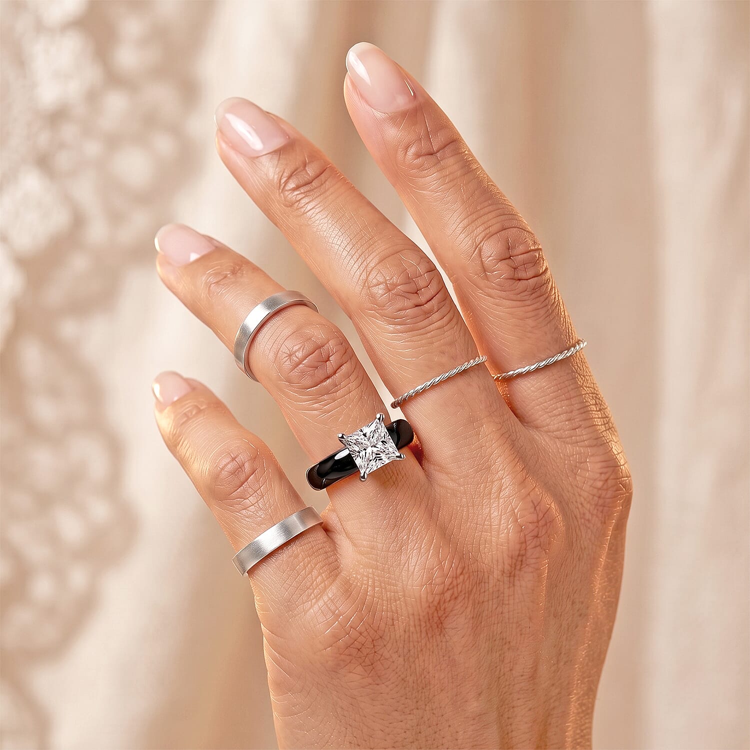 EverTrue Moissanite and Black Jade (D) 16.50 ctw Band Ring in Rhodium Over Sterling Silver (Size 5.0)