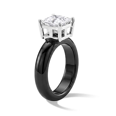 EverTrue Moissanite and Black Jade (D) 16.50 ctw Band Ring in Rhodium Over Sterling Silver (Size 5.0)