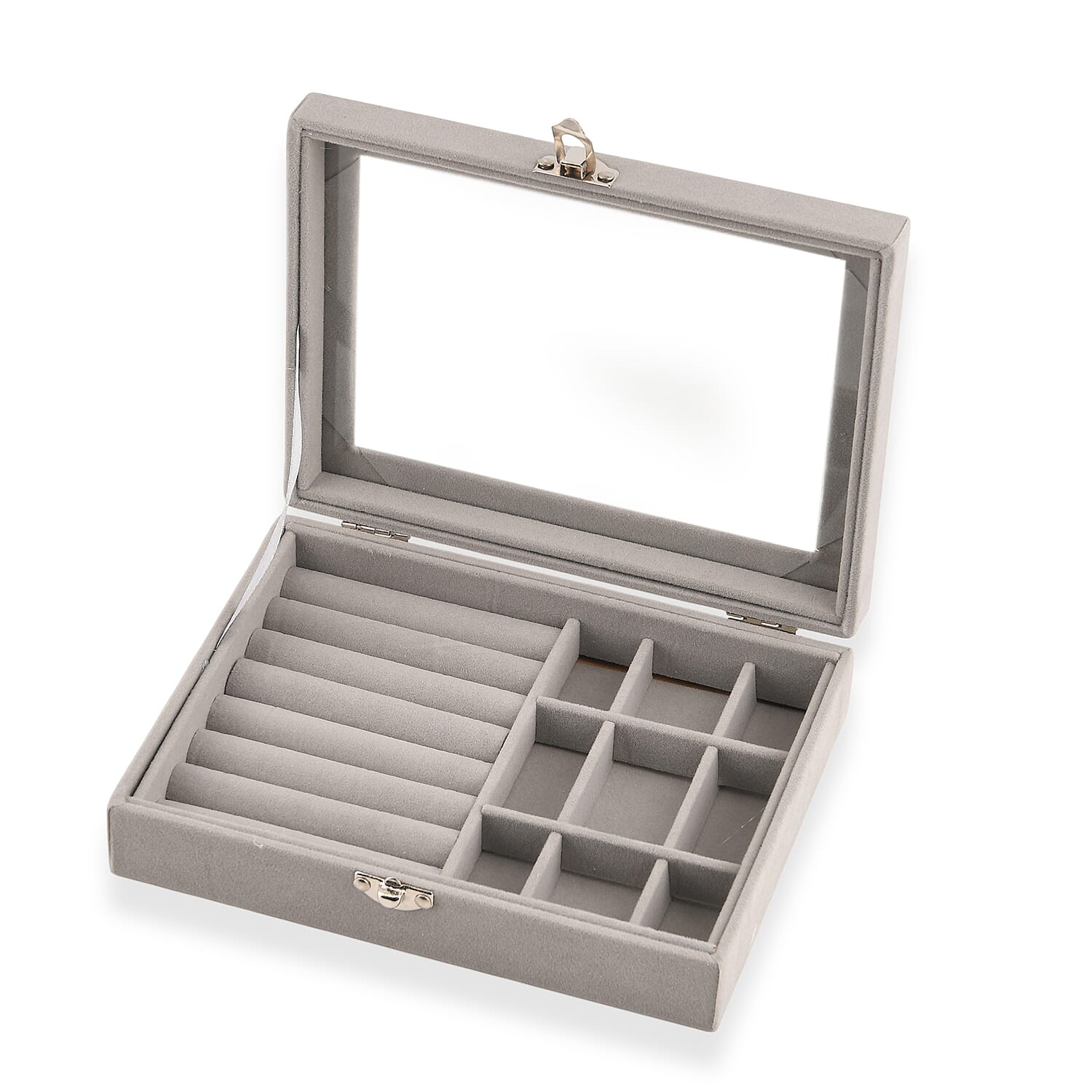 Gray Velvet Jewelry Box with Glass Window
