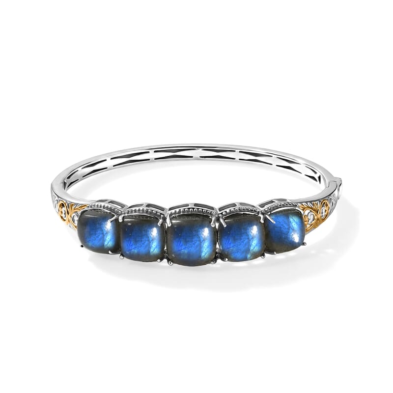 EverTrue Malagasy Labradorite 31.30 ctw Moonfire Bangle Bracelet in 18K YG Plated and Platinum Bond (6.50 In)