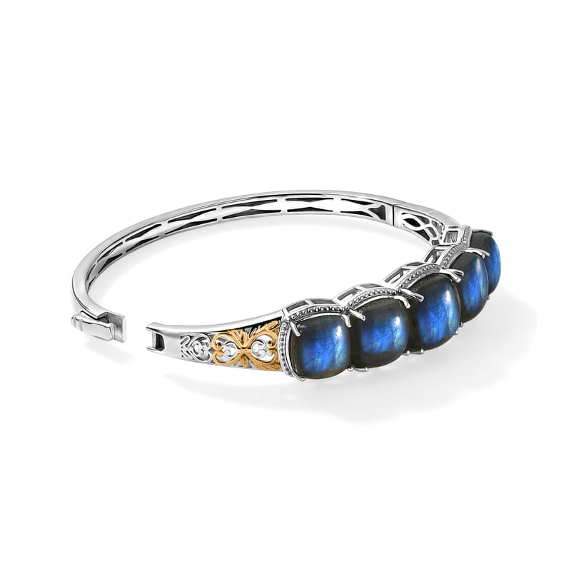 EverTrue Malagasy Labradorite 31.30 ctw Moonfire Bangle Bracelet in 18K YG Plated and Platinum Bond (6.50 In)