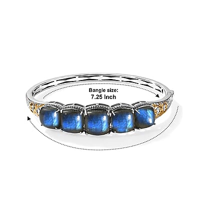EverTrue Malagasy Labradorite 31.30 ctw Moonfire Bangle Bracelet in 18K YG Plated and Platinum Bond (6.50 In)