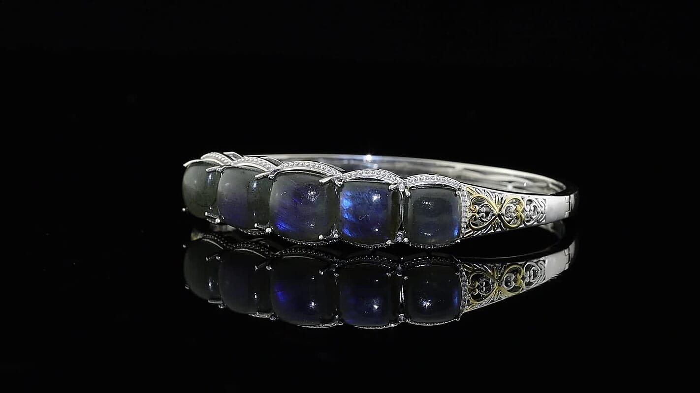EverTrue Malagasy Labradorite Bangle Bracelet in 18K YG Plated and Platinum Bond (7.25 In) 31.30 ctw