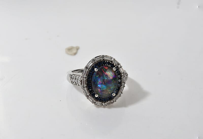 D'Joy Premium Australian Black Ridge Opal Triplet and Multi Gemstone 3.70 ctw Deep Sea Mystique Ring in Rhodium Over Sterling Silver (Size 6.0)