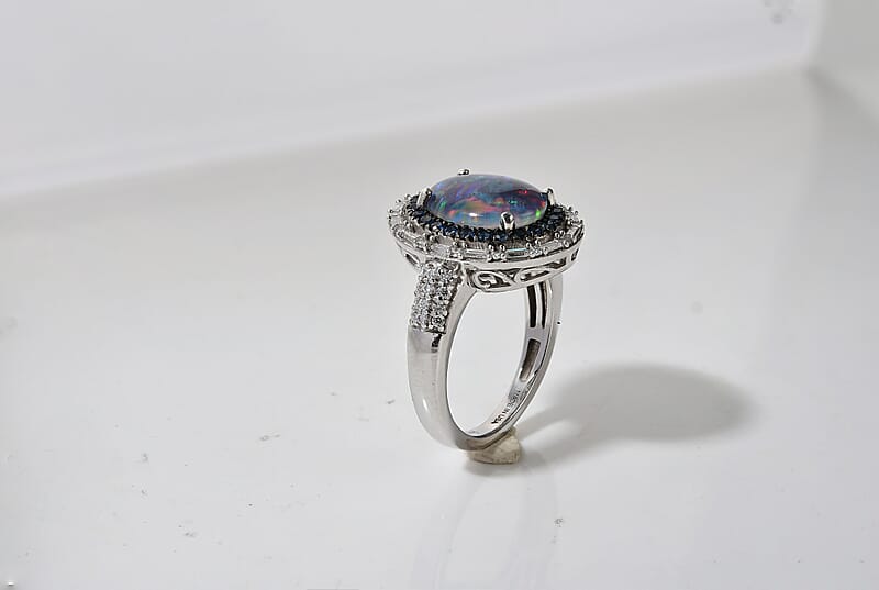 D'Joy Premium Australian Black Ridge Opal Triplet and Multi Gemstone 3.70 ctw Deep Sea Mystique Ring in Rhodium Over Sterling Silver (Size 6.0)