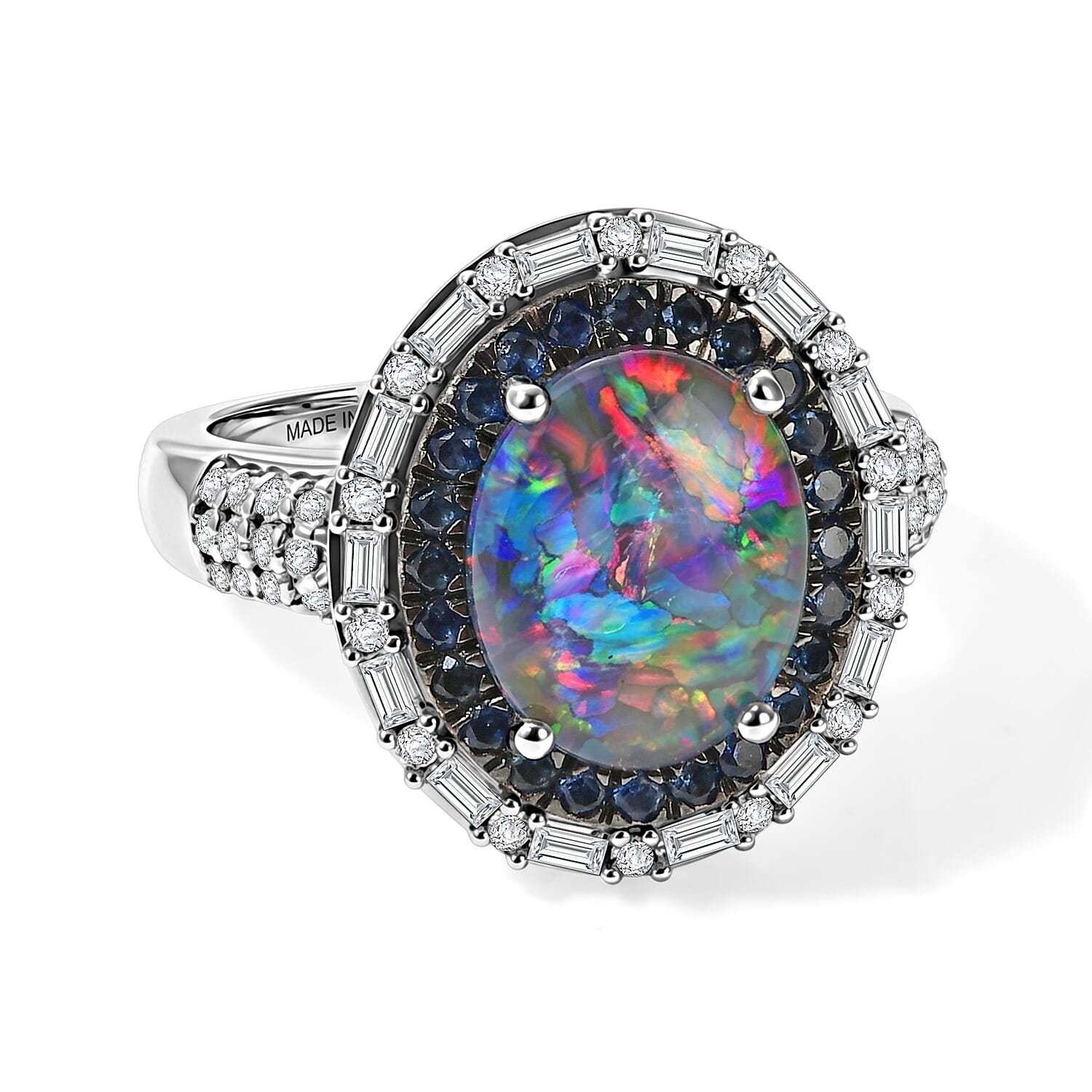D'Joy Premium Australian Black Ridge Opal Triplet, Multi Gemstone Deep Sea Mystique Ring in Rhodium Over Sterling Silver (Size 10.0) 3.70 ctw