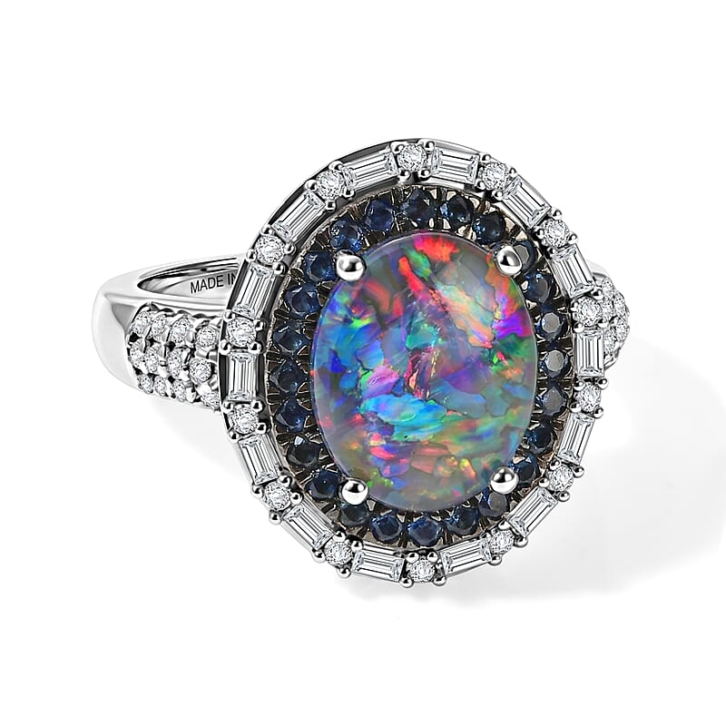 D'Joy Premium Australian Black Ridge Opal Triplet and Multi Gemstone 3.00 ctw Deep Sea Mystique Ring in Rhodium Over Sterling Silver (Size 8.0)