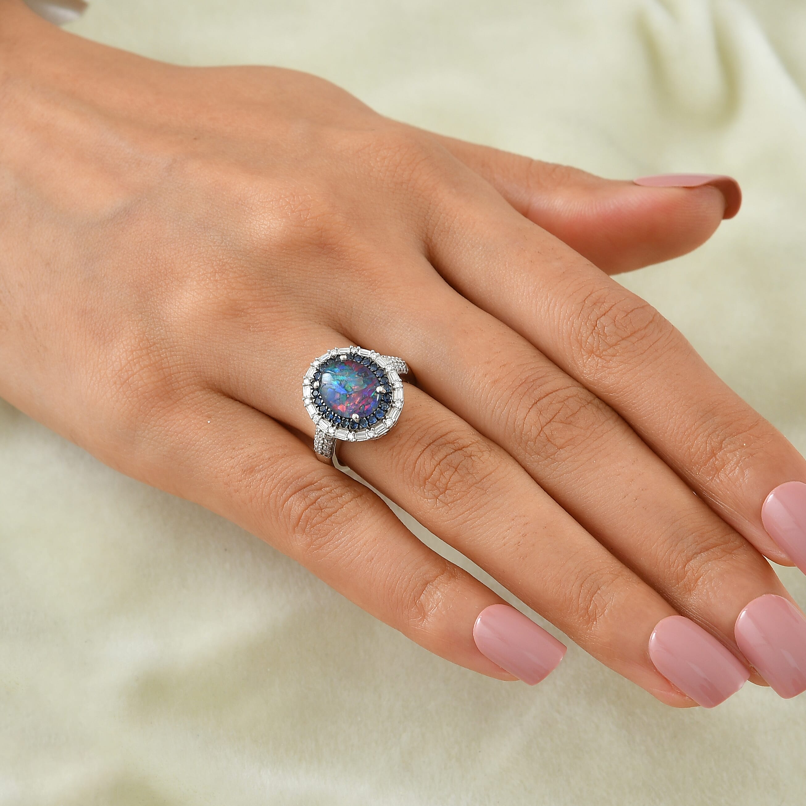 D'Joy Premium Australian Black Ridge Opal Triplet and Multi Gemstone 3.00 ctw Deep Sea Mystique Ring in Rhodium Over Sterling Silver (Size 8.0)