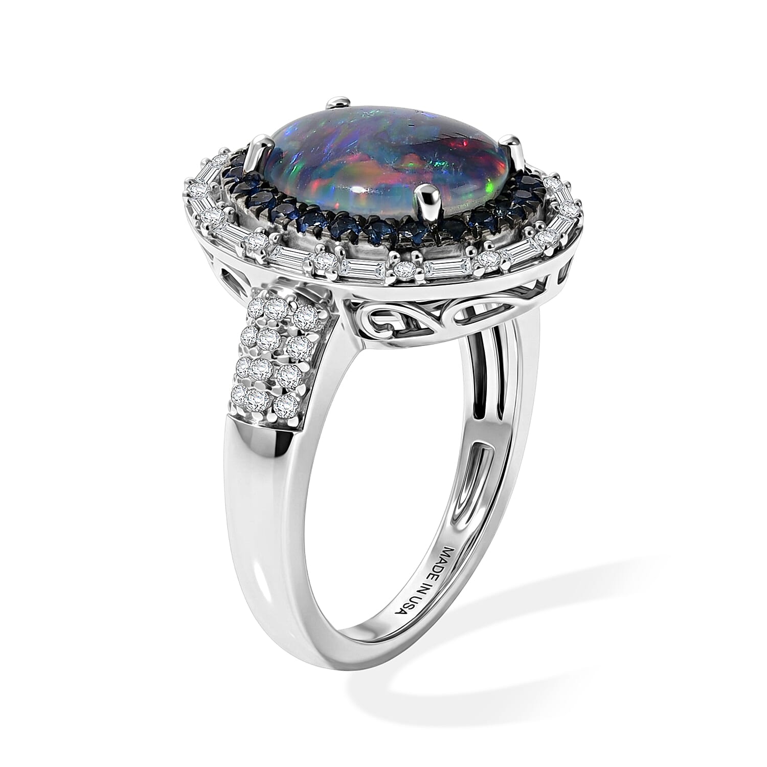 D'Joy Premium Australian Black Ridge Opal Triplet and Multi Gemstone 3.00 ctw Deep Sea Mystique Ring in Rhodium Over Sterling Silver (Size 8.0)