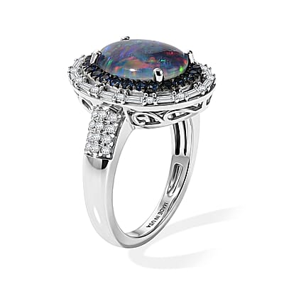 D'Joy Premium Australian Black Ridge Opal Triplet and Multi Gemstone 3.00 ctw Deep Sea Mystique Ring in Rhodium Over Sterling Silver (Size 8.0)