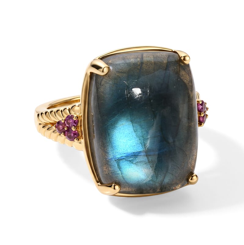 EverTrue AAA Malagasy Labradorite and Lotus Garnet 20.90 ctw Twilight Bloom Ring in 18K Yellow Gold Plated (Size 6.0)