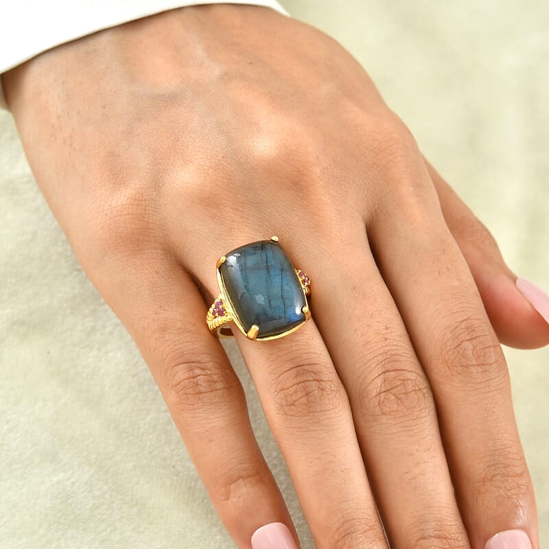 EverTrue AAA Malagasy Labradorite and Lotus Garnet 20.90 ctw Twilight Bloom Ring in 18K Yellow Gold Plated (Size 6.0)