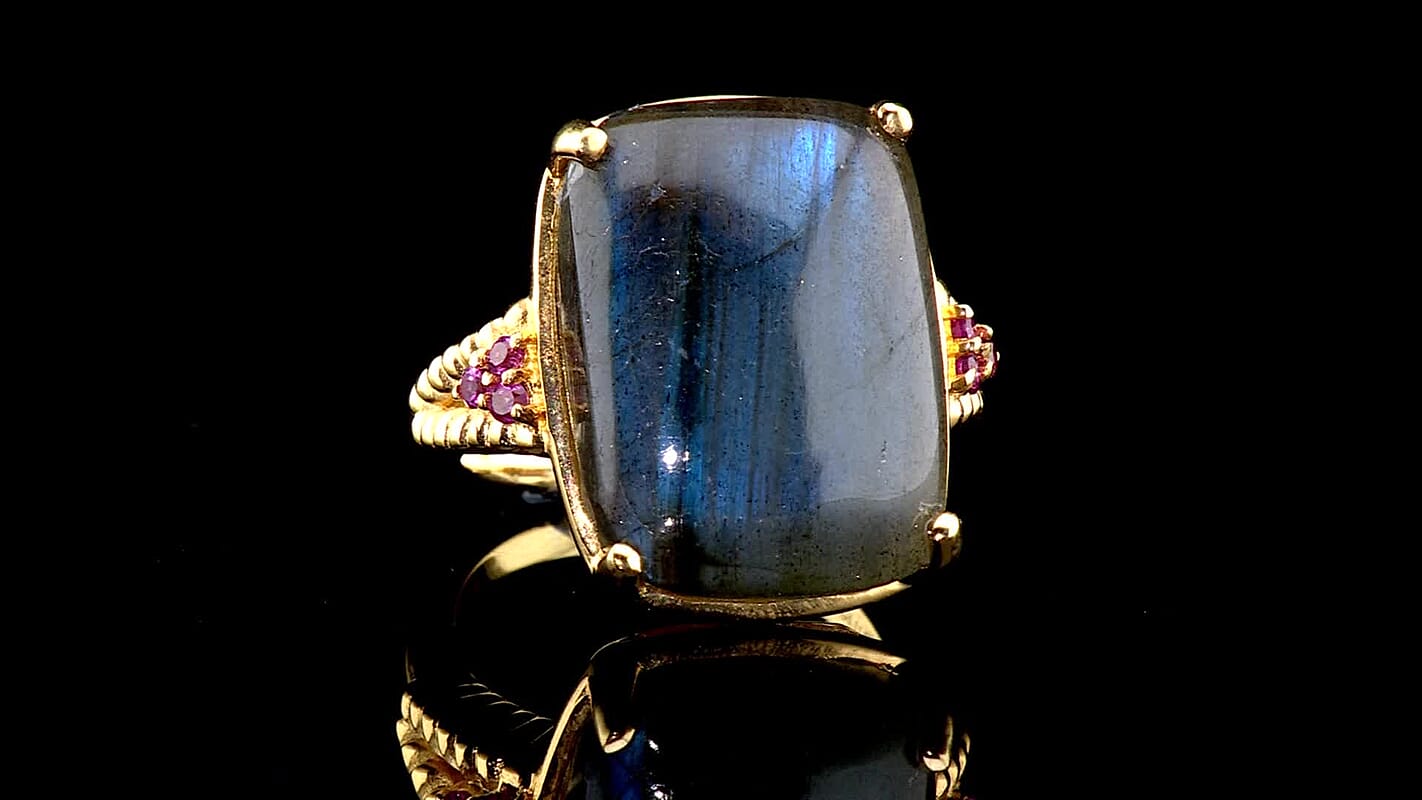 EverTrue AAA Malagasy Labradorite, Lotus Garnet Ring in 18K YG Plated (Size 7.0) 19.70 ctw