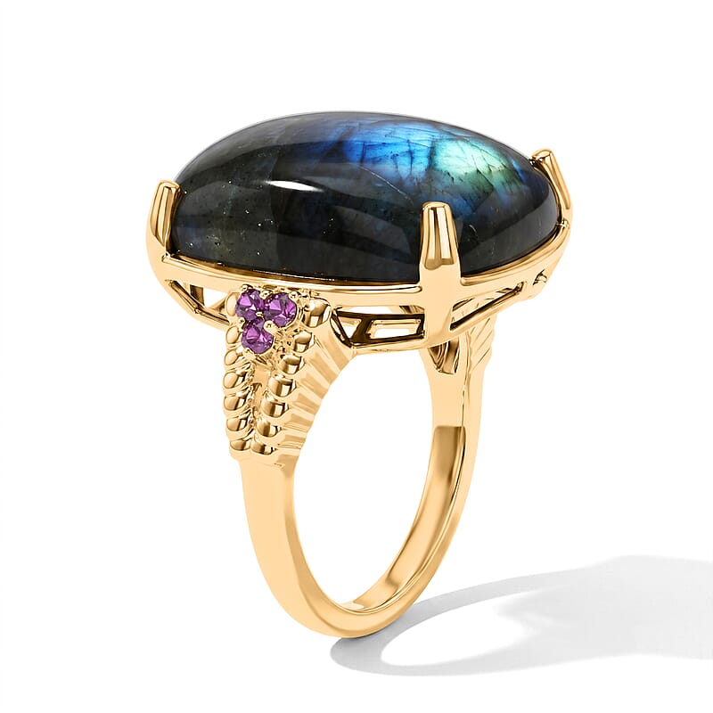 EverTrue AAA Malagasy Labradorite and Lotus Garnet 20.90 ctw Ring in 18K YG Plated (Size 7.0)