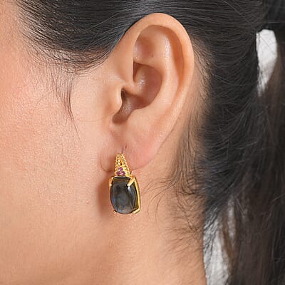 EverTrue AAA Malagasy Labradorite and Lotus Garnet 15.40 ctw Twilight Bloom Earrings in 18K Yellow Gold Plated