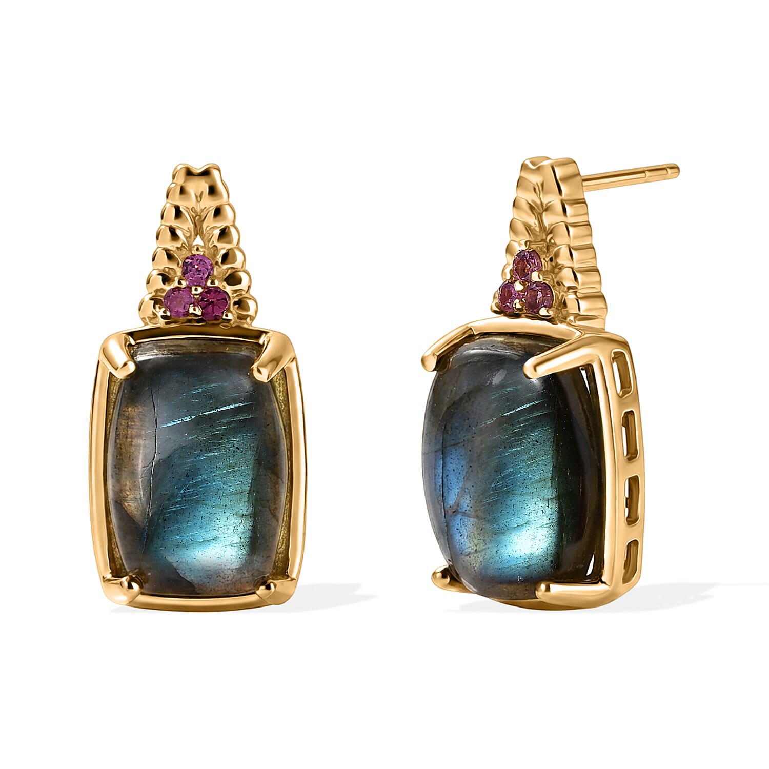EverTrue AAA Malagasy Labradorite and Lotus Garnet 15.40 ctw Twilight Bloom Earrings in 18K Yellow Gold Plated