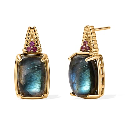 EverTrue AAA Malagasy Labradorite and Lotus Garnet 15.40 ctw Twilight Bloom Earrings in 18K Yellow Gold Plated