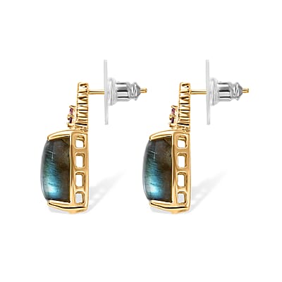 EverTrue AAA Malagasy Labradorite and Lotus Garnet 15.40 ctw Twilight Bloom Earrings in 18K Yellow Gold Plated