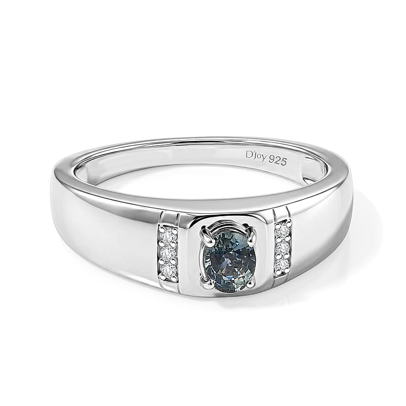 D'Joy Montana Sapphire and Moissanite 0.50 ctw Arctic Crest Men's Ring in Rhodium Over Sterling Silver (Size 10.0)