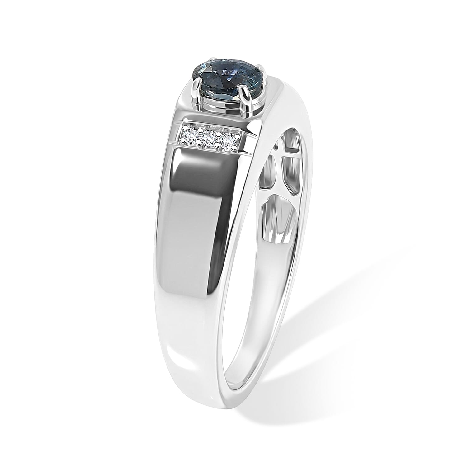 D'Joy Montana Sapphire, Moissanite Arctic Crest Men's Ring in Rhodium Over Sterling Silver (Size 10.0) 0.50 ctw