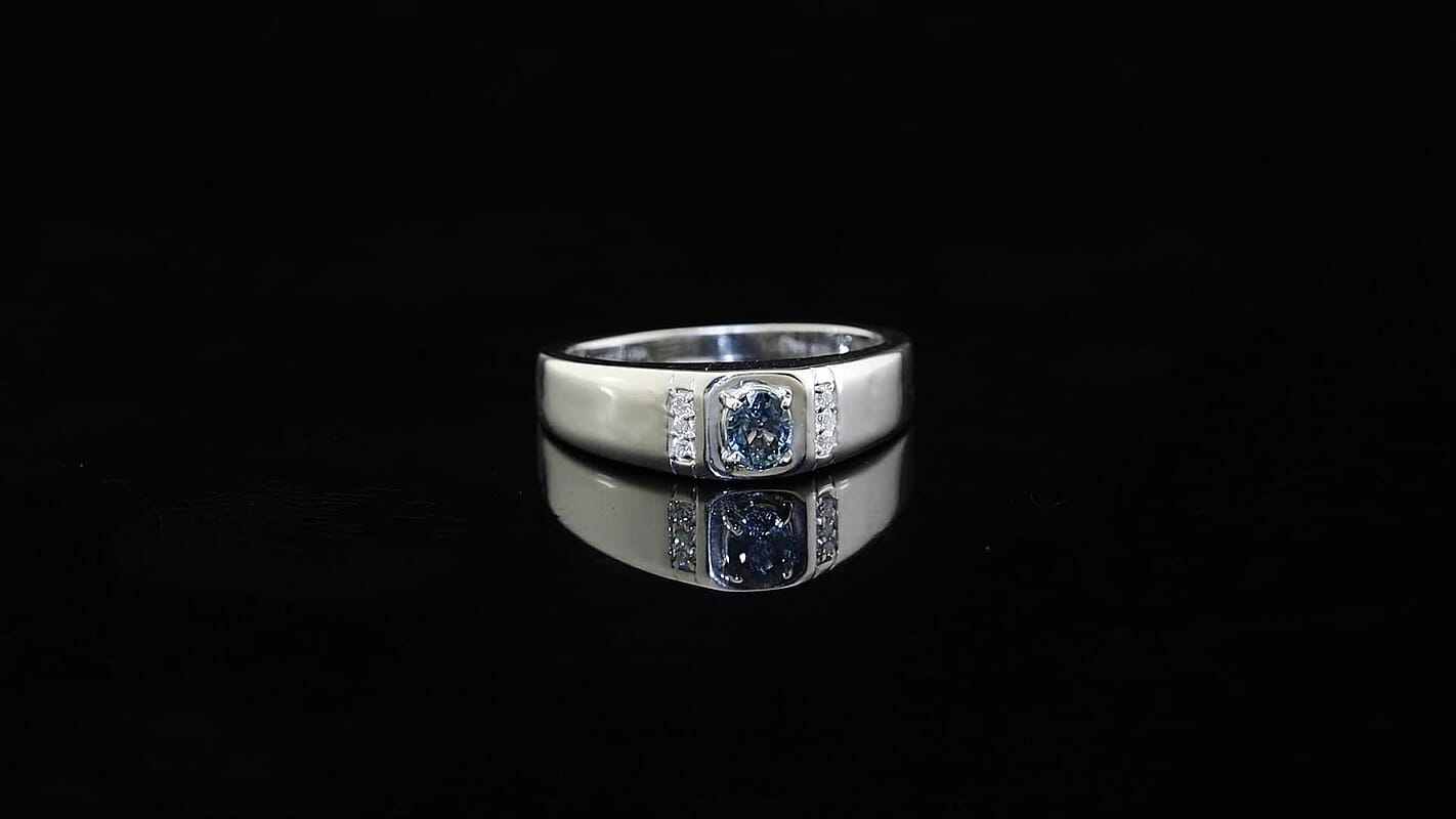 D'Joy Montana Sapphire, Moissanite Arctic Crest Men's Ring in Rhodium Over Sterling Silver (Size 10.0) 0.50 ctw