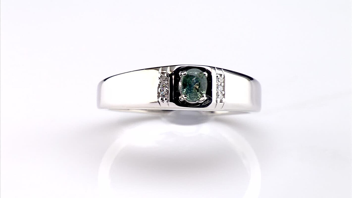 D'Joy Montana Sapphire, Moissanite Arctic Crest Men's Ring in Rhodium Over Sterling Silver (Size 10.0) 0.50 ctw