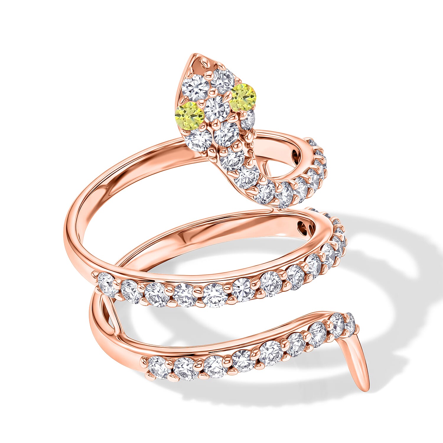 Simulated Green and White Diamond Snake Ring in 14K Rose Gold Over Sterling Silver (Size 7.0)